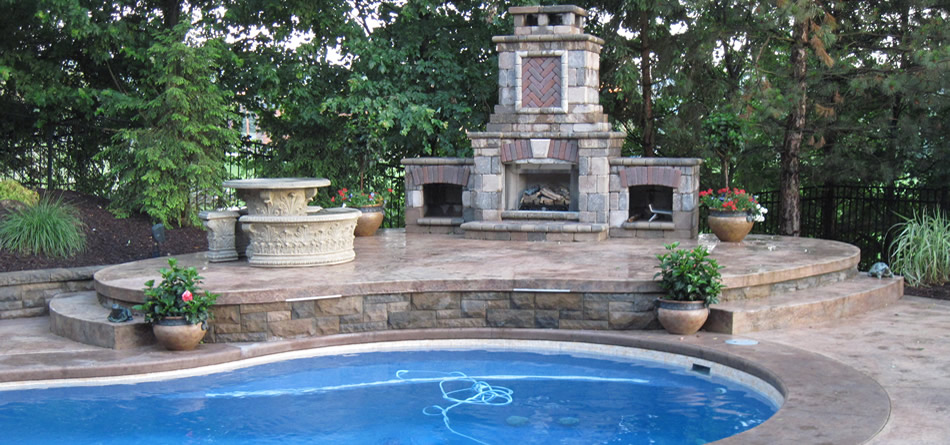 Tiered Pool Deck, Retaining Walls, Fireplace, Stamped Concrete